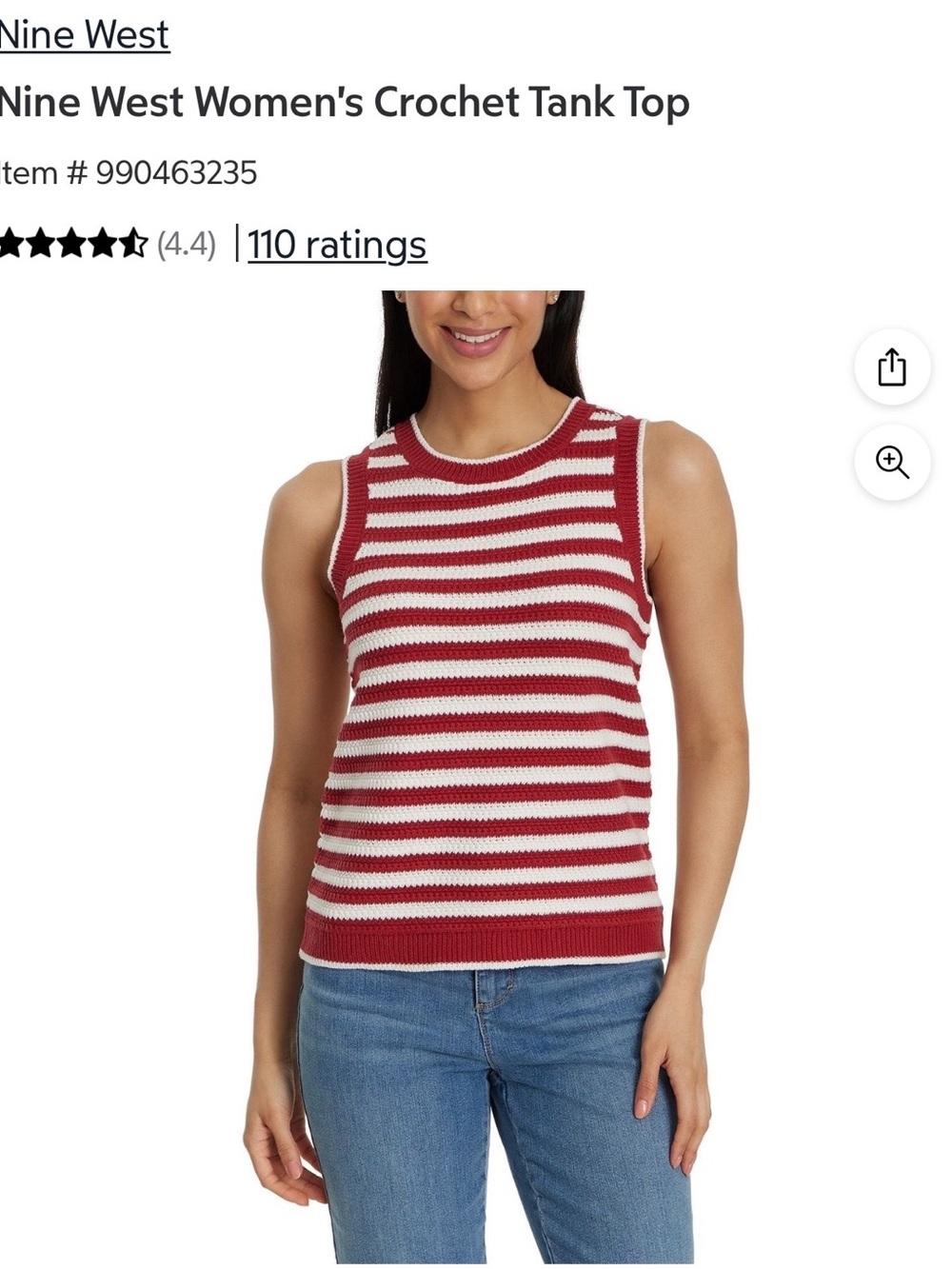 Nine West Red and White Striped Crochet Tank